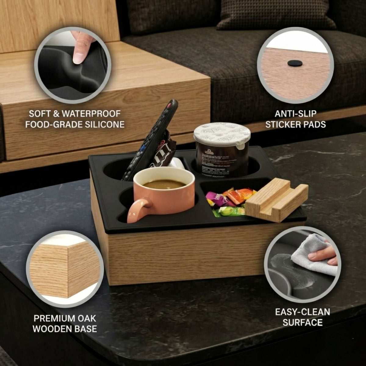 Wooden Couch Cup Holder Tray for Living Room