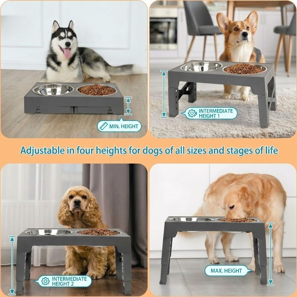 Raised Dog Bowl Stand Adjustable Height for All Dogs & Cats