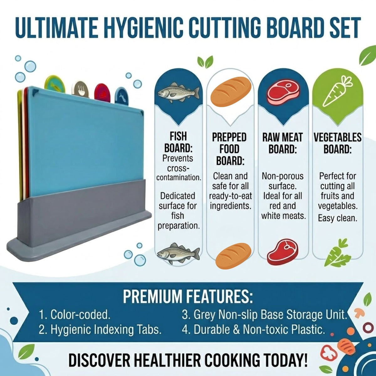 4 pack Colour Coded Cutting Board Set with Stand