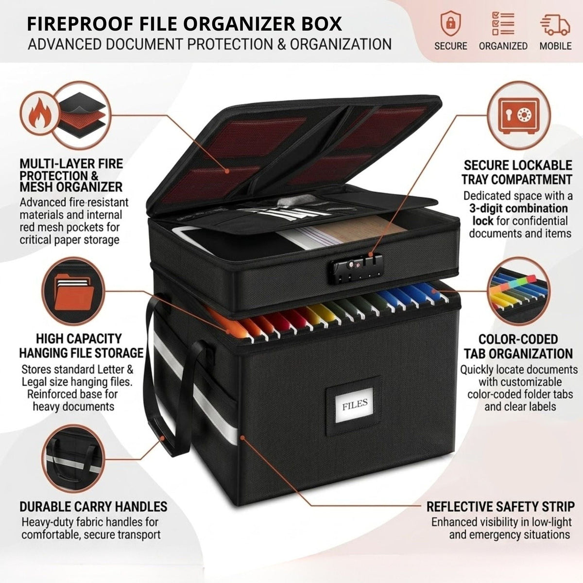 Fireproof Document Box with Lock for Office Storage