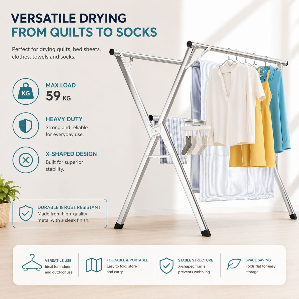 Folding Clothes Drying Rack Grey Galvanized Steel