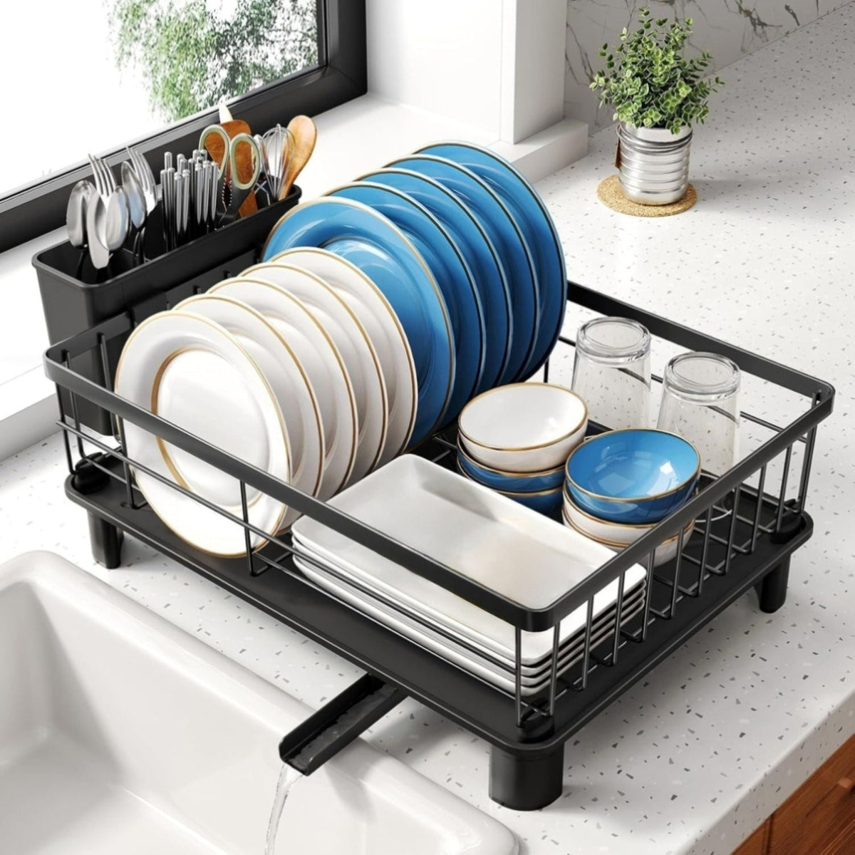 Dish Drying Rack with Drainboard and Utensil Holder - Black