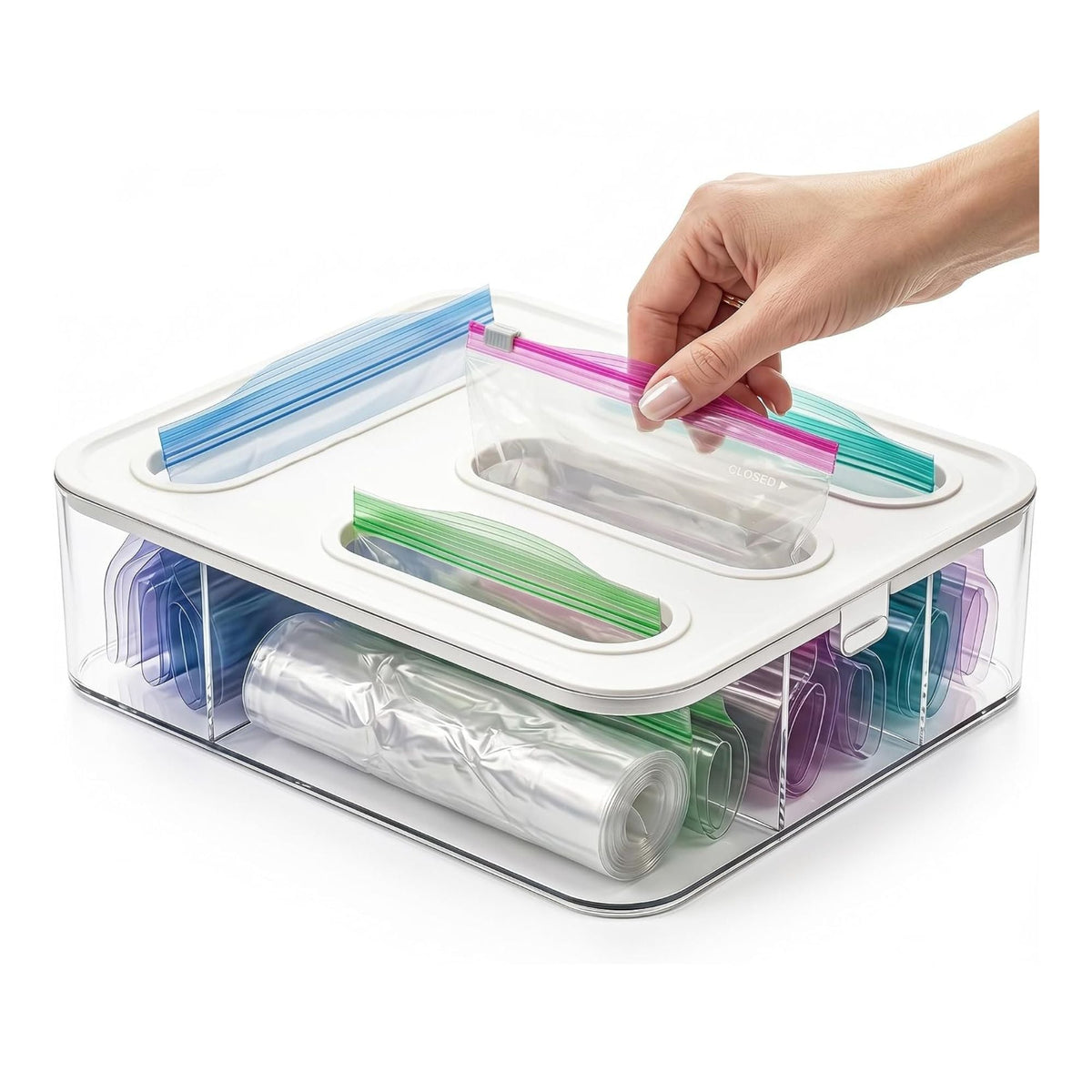 Food Storage Bag Organiser - 4 Compartment Clear Box