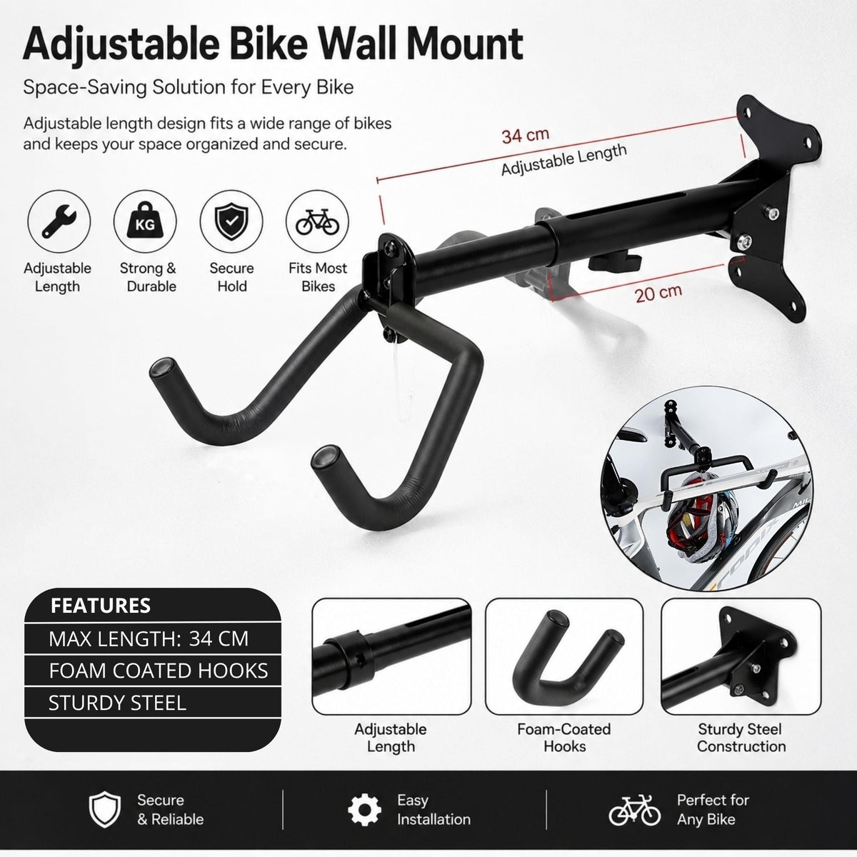 Adjustable Wall Mount Bike Rack for Garage Storage