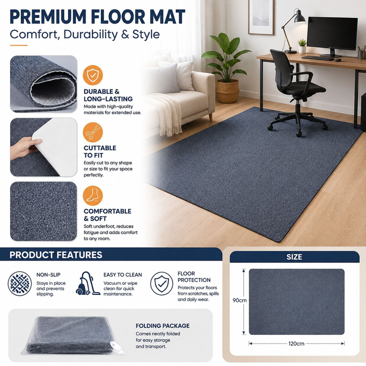 Office Chair Mat Hard Floor Protector 120x90 cm Anti - Slip Grey