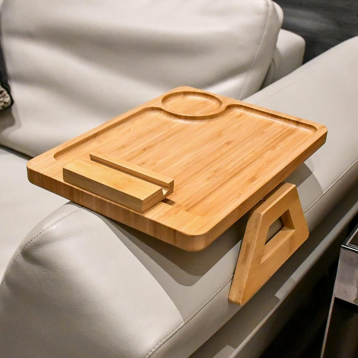 Bamboo Sofa Arm Tray with Rotating Phone Holder