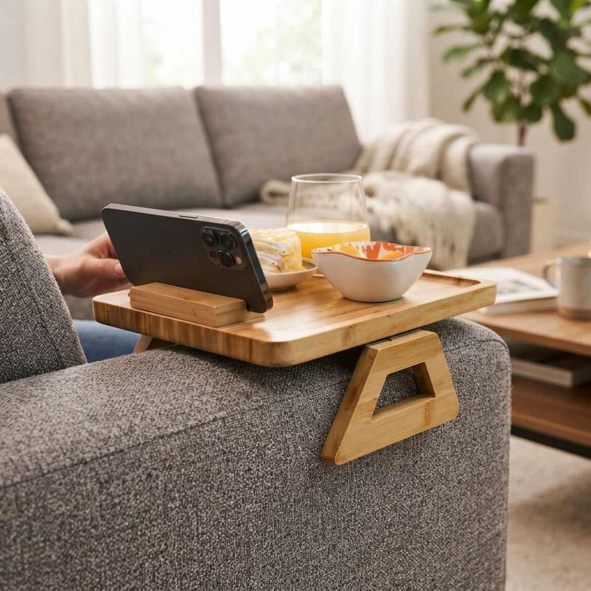 Bamboo Sofa Arm Tray with Rotating Phone Holder