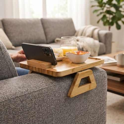 Bamboo Sofa Arm Tray with Rotating Phone Holder
