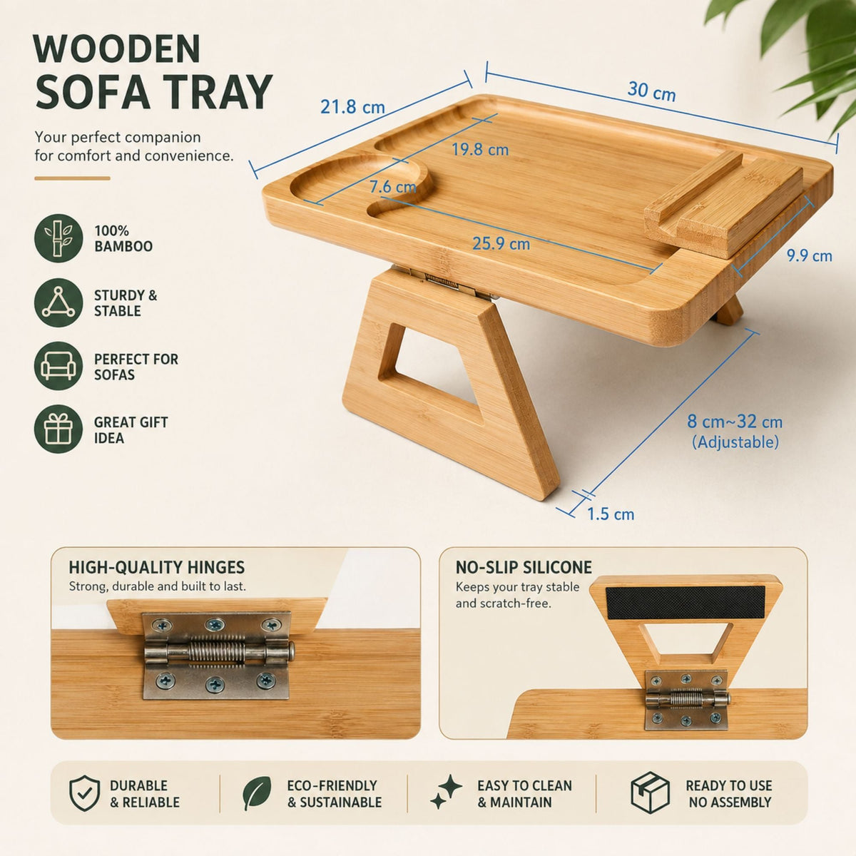 Bamboo Sofa Arm Tray with Rotating Phone Holder