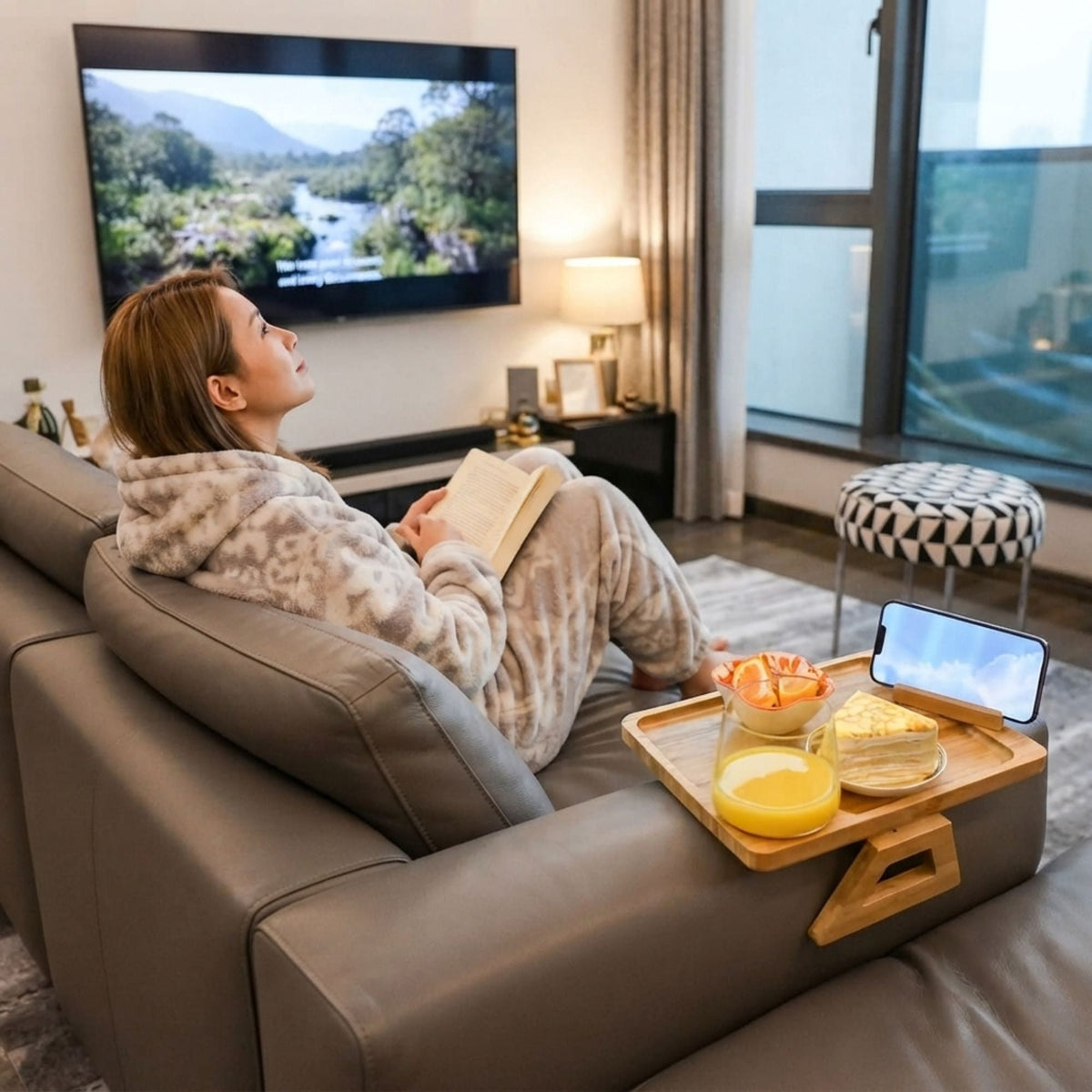 Bamboo Sofa Arm Tray with Rotating Phone Holder