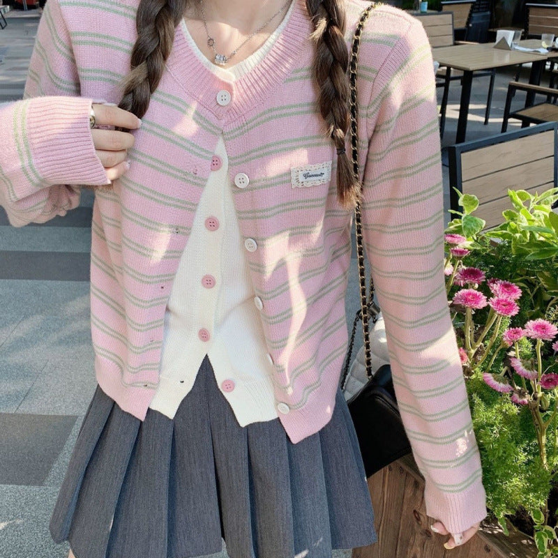 Pink Mock Two-Piece Knit Cardigan for Women, Color-Blocked Stripe Outerwear