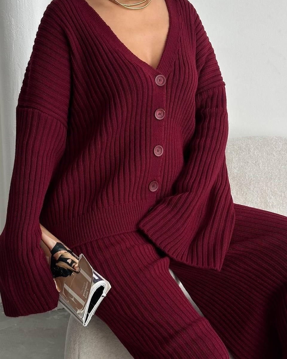 Casual Women's Solid Color Long Sleeve Buttoned Cardigan and Pants Set