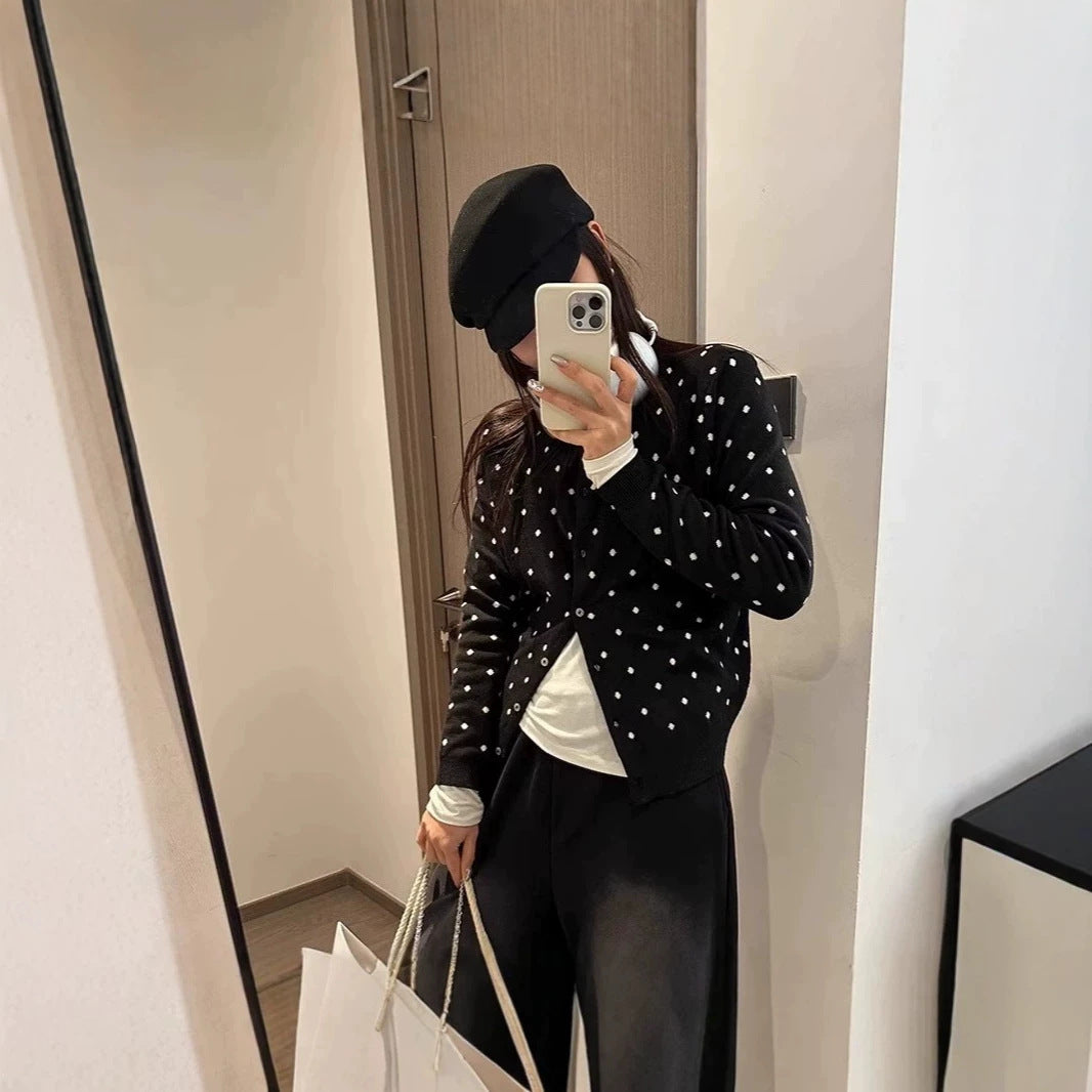 Grey polka dot knitted cardigan for women