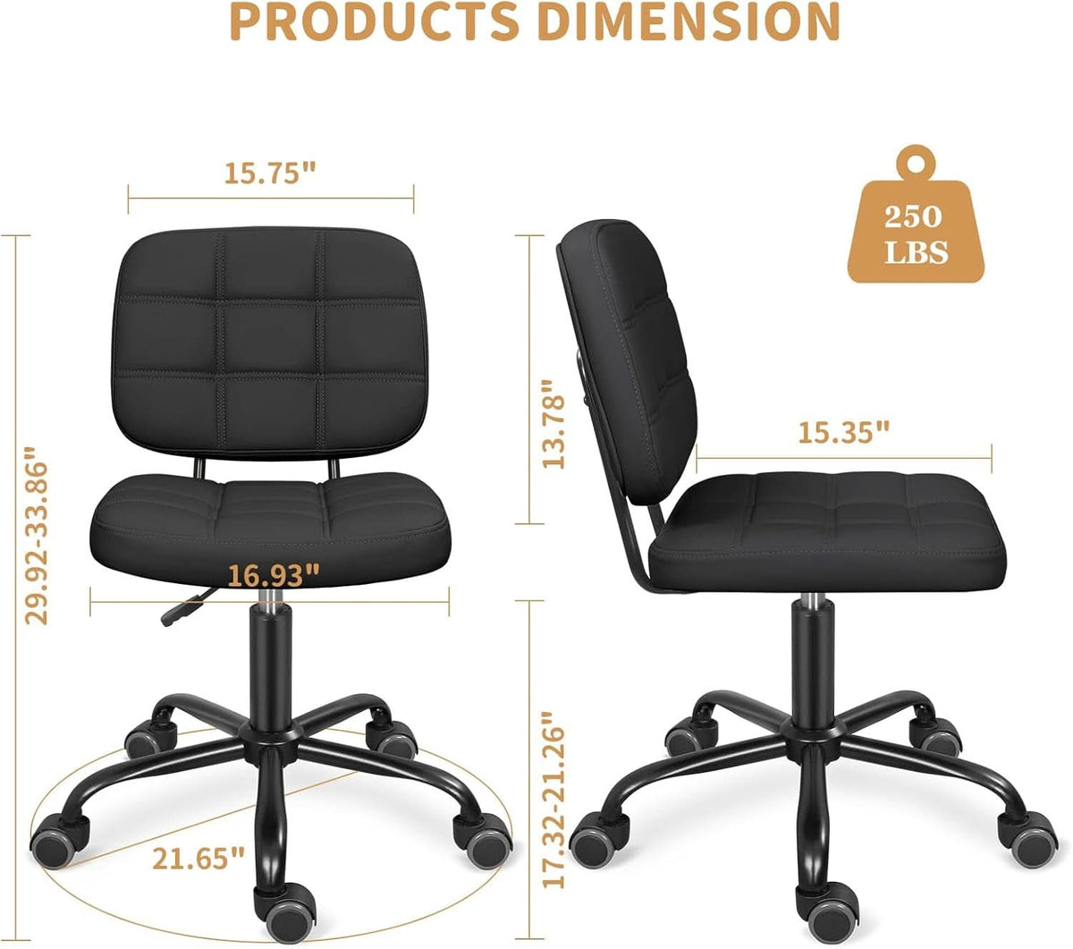 Armless Rolling Desk Chair Black Height Adjustable