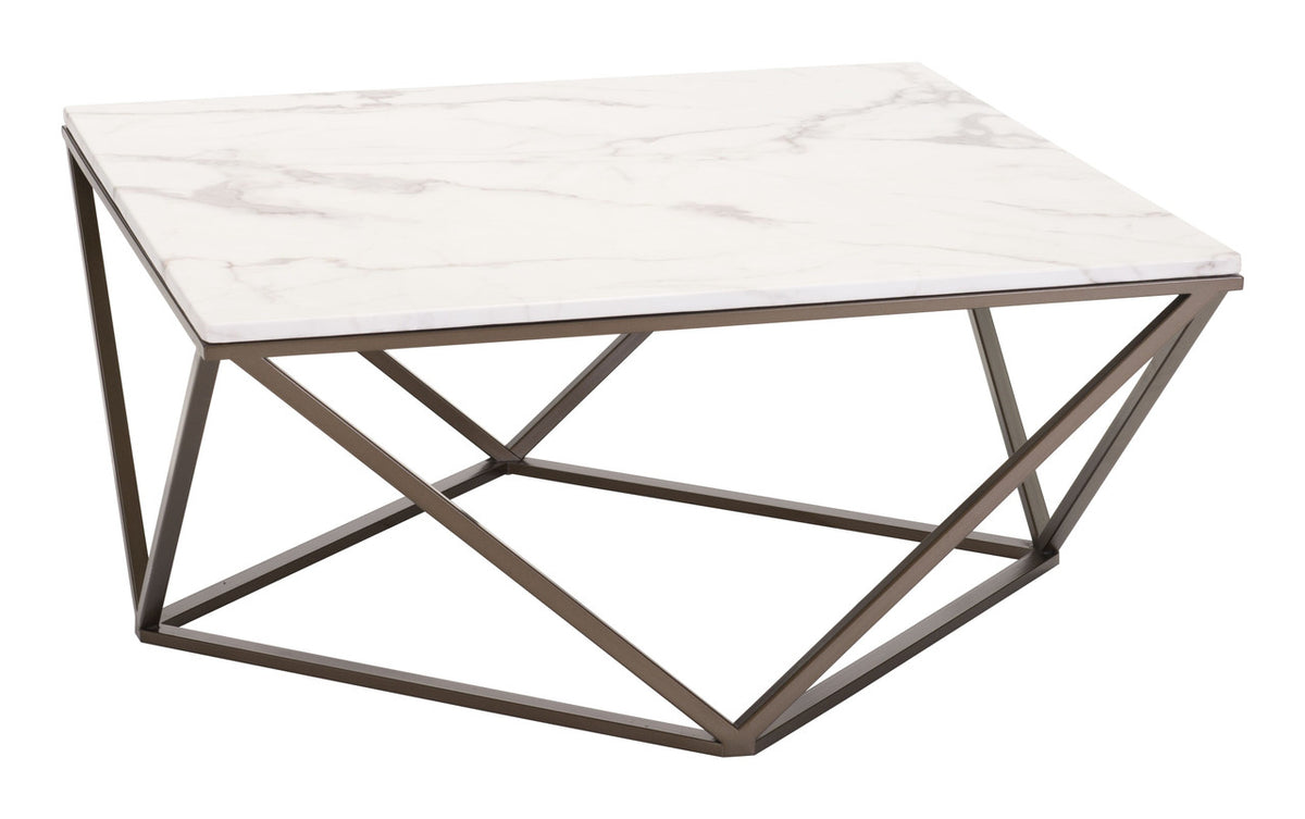 36" White Faux Marble And Steel Square Coffee Table