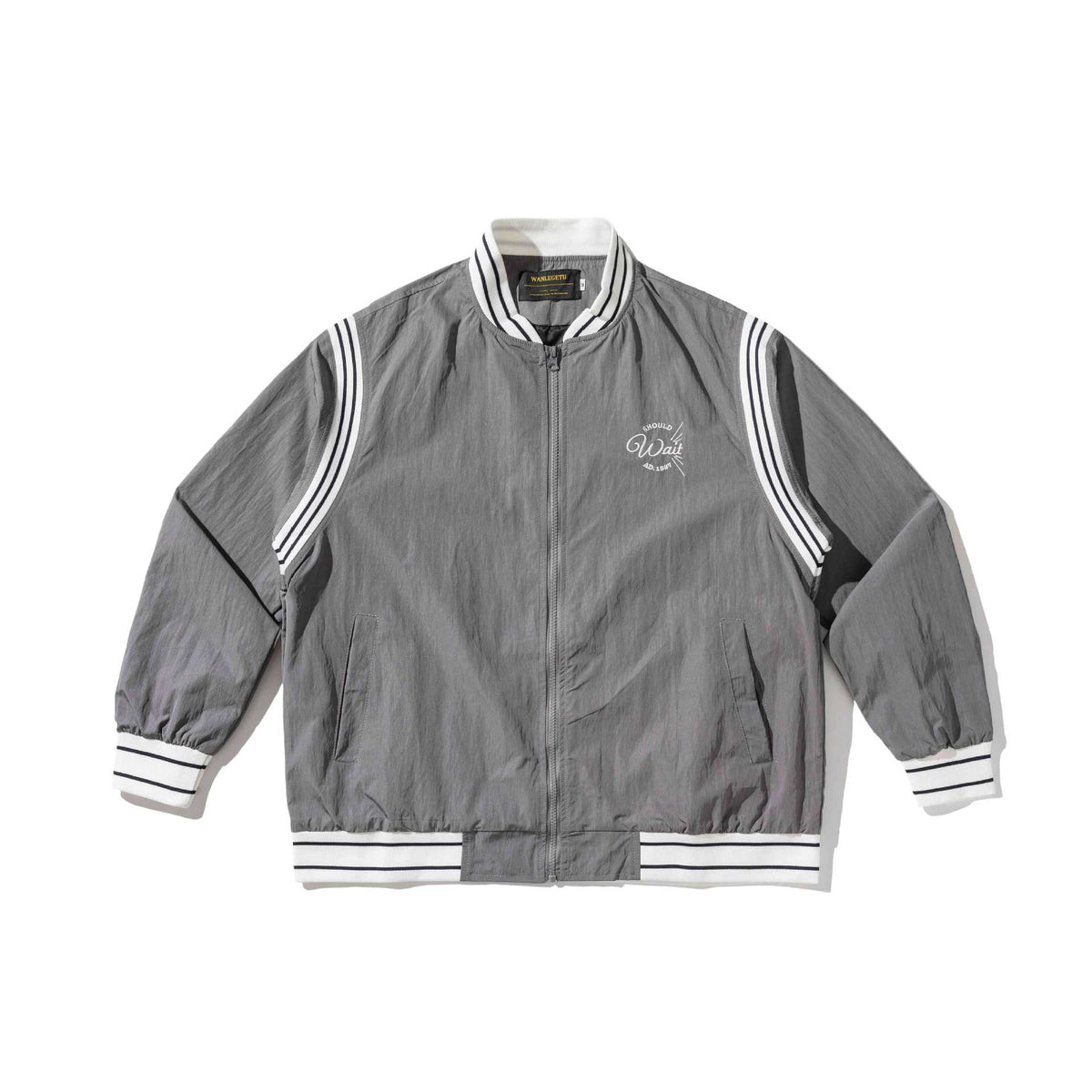 Embroidery Long Sleeve Zipper Stand Collar Regular Fit Baseball Jacket