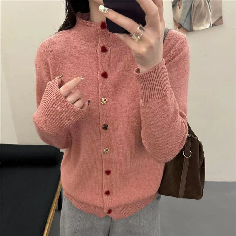 Half high neck chic heart button knit cardigan for women