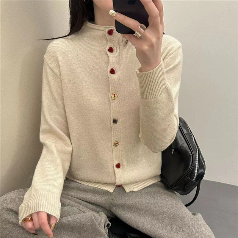 Half high neck chic heart button knit cardigan for women