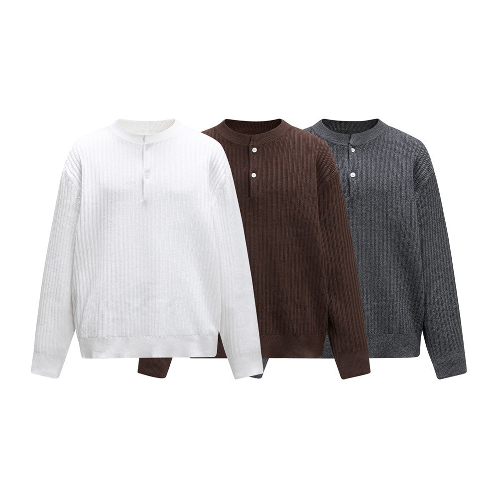 Pit stripe texture semi open collar long sleeved knitted sweater