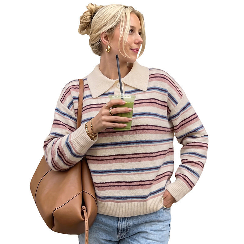 Striped Polo collar long sleeved sweater for women