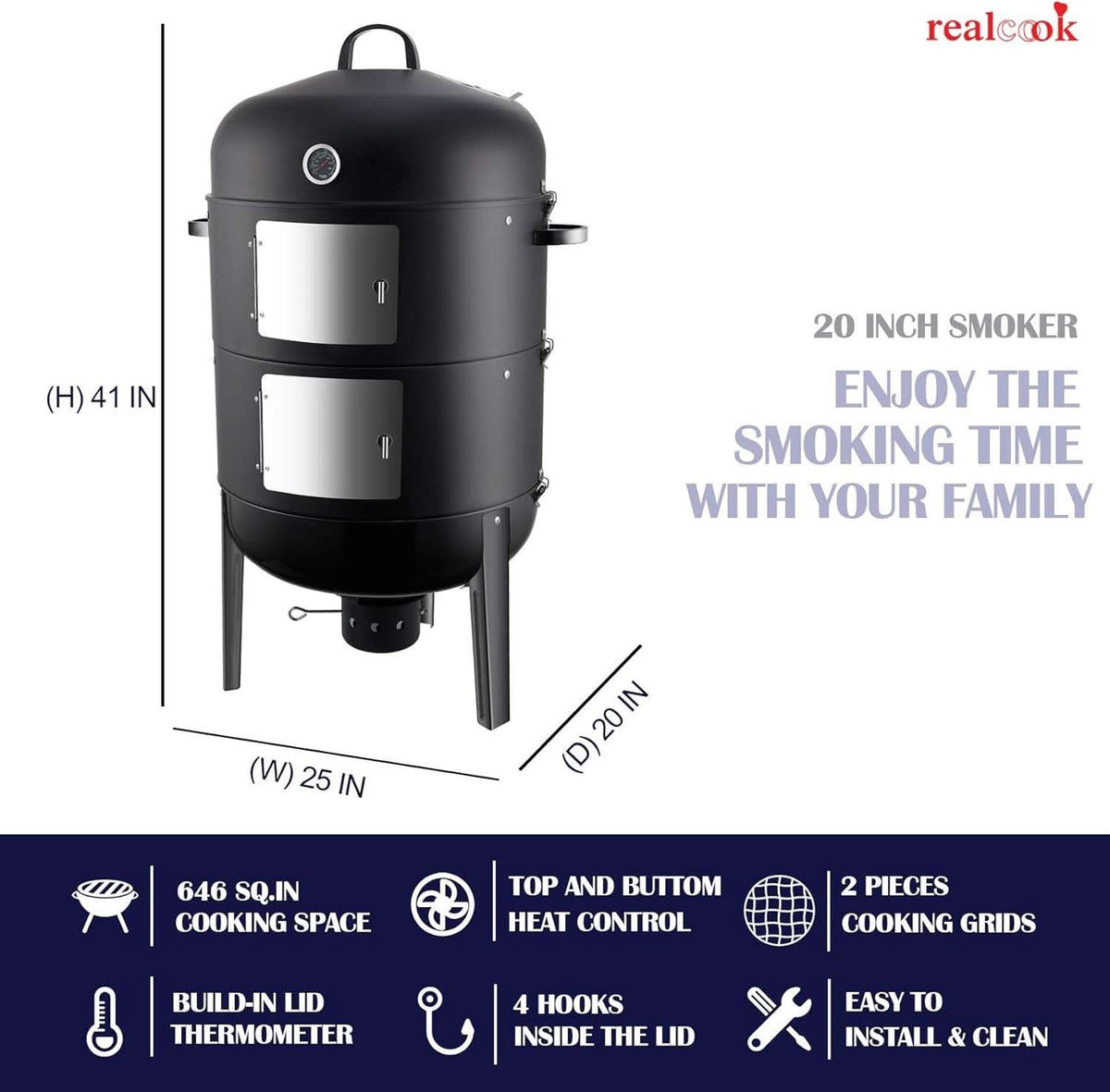 20 Inches Charcoal Vertical BBQ Smoker Outdoor Cooking