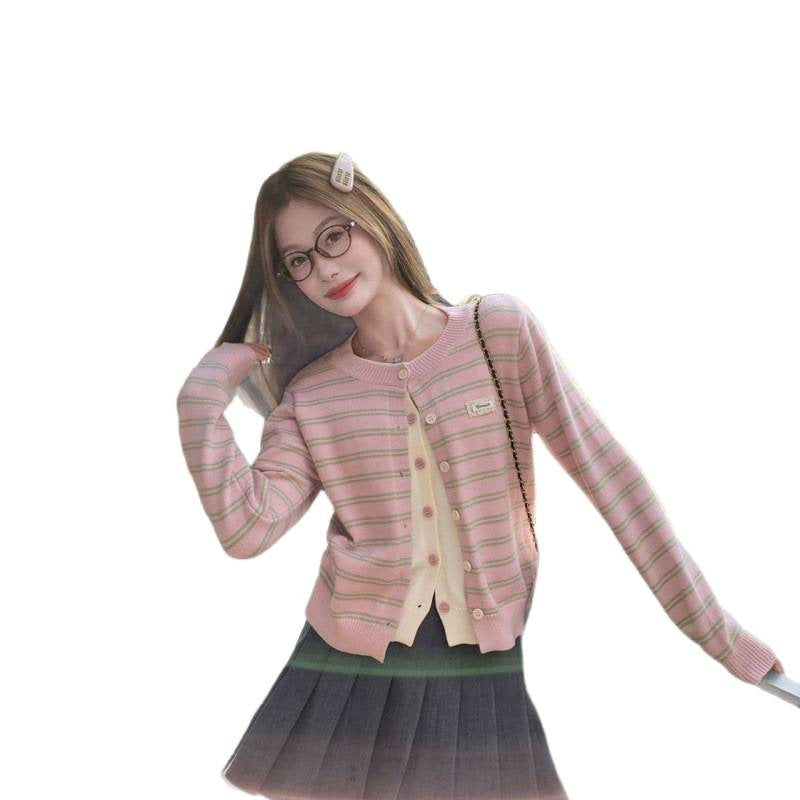 Pink Mock Two-Piece Knit Cardigan for Women, Color-Blocked Stripe Outerwear