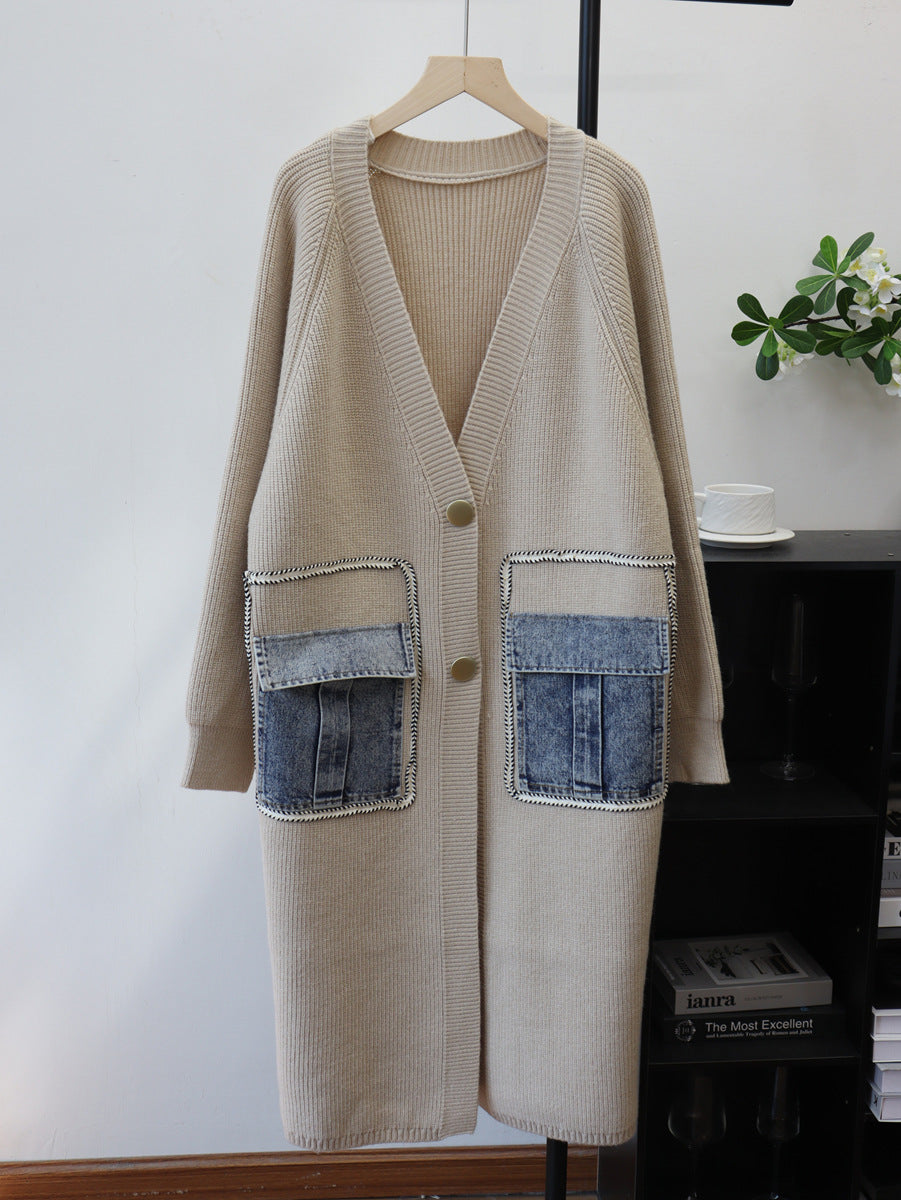Long spliced denim pocket sweater
