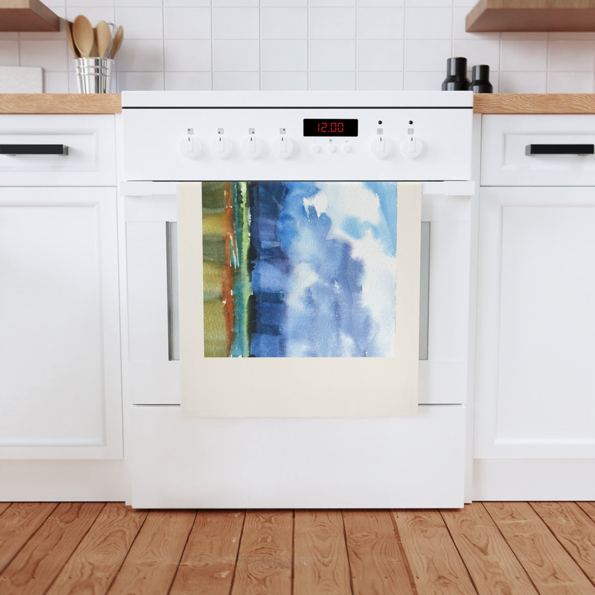 'Tranquil Mountain View 4' Organic Cotton Tea Towel I Original Artwork by American Artist Barbara Cleary