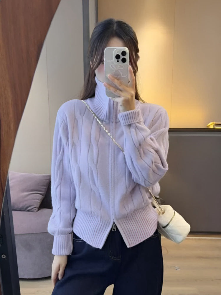 High neck double zipper sweater jacket for women