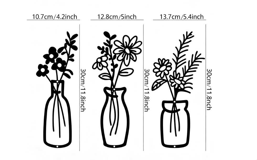 Three piece metal flower wall decoration flower black flower bottle minimalist art wall decoration living room bathroom home bed