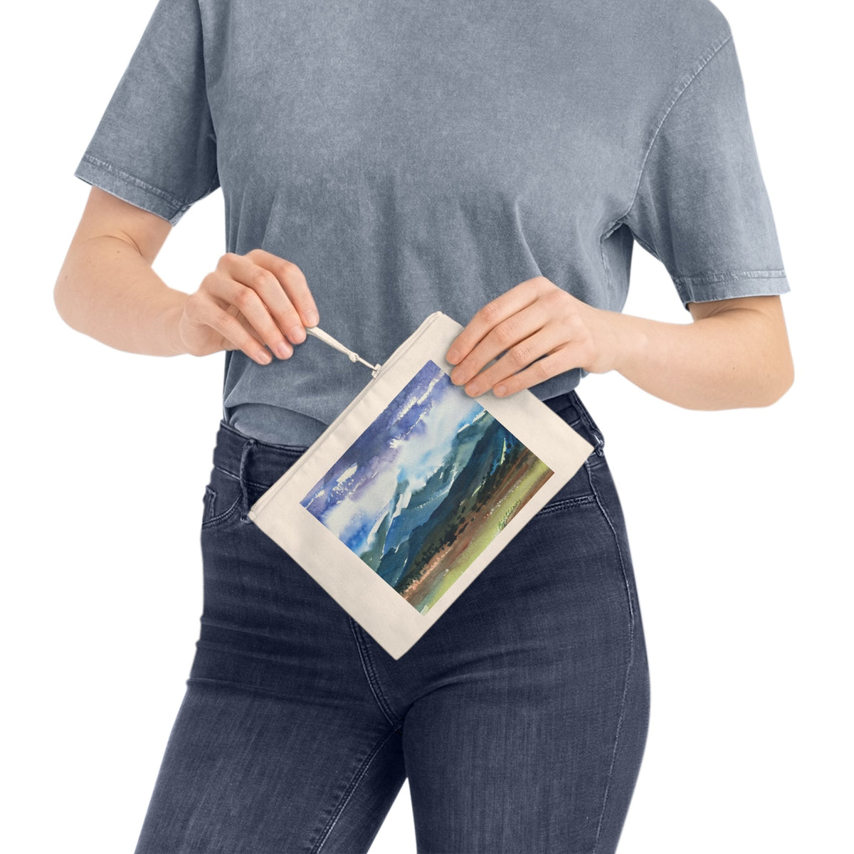 Eco-Friendly Pouch with 'Tranquil Mountain View 3'  I Original Artwork by American Artist Barbara Cleary
