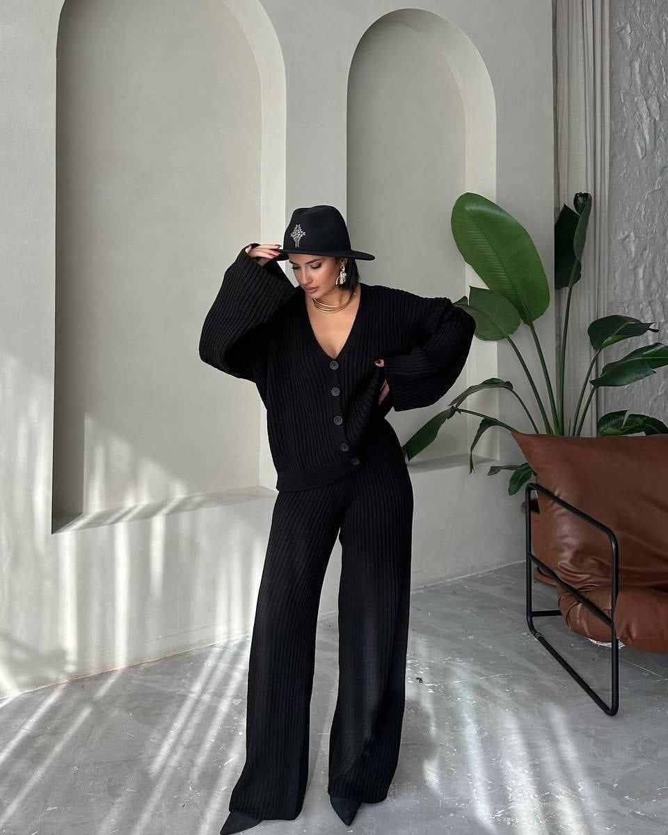 Casual Women's Solid Color Long Sleeve Buttoned Cardigan and Pants Set
