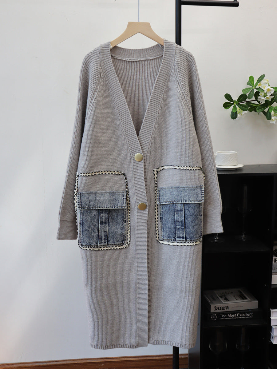 Long spliced denim pocket sweater