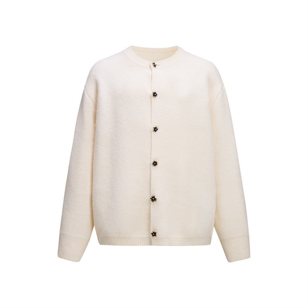 Solid color round neck knitted cardigan