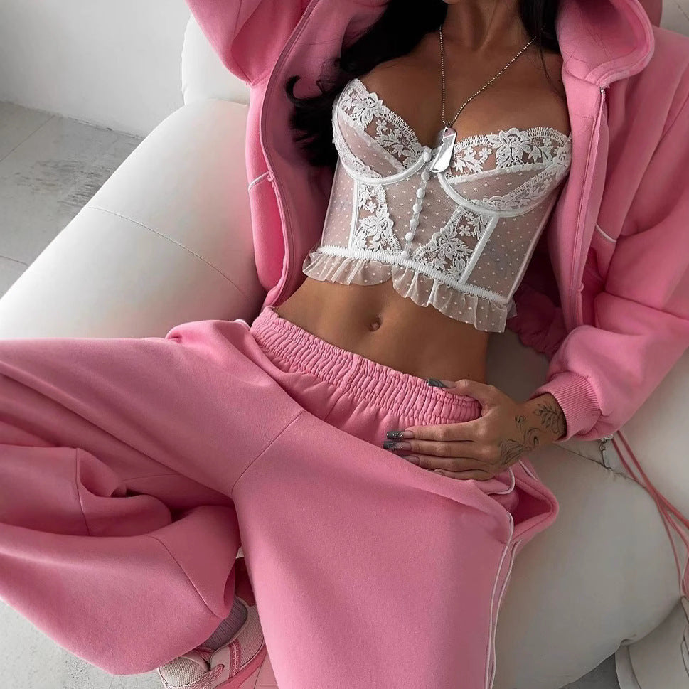 Women's Color-Block Hooded Zip-Up Set | Loose Straight-Leg Pants