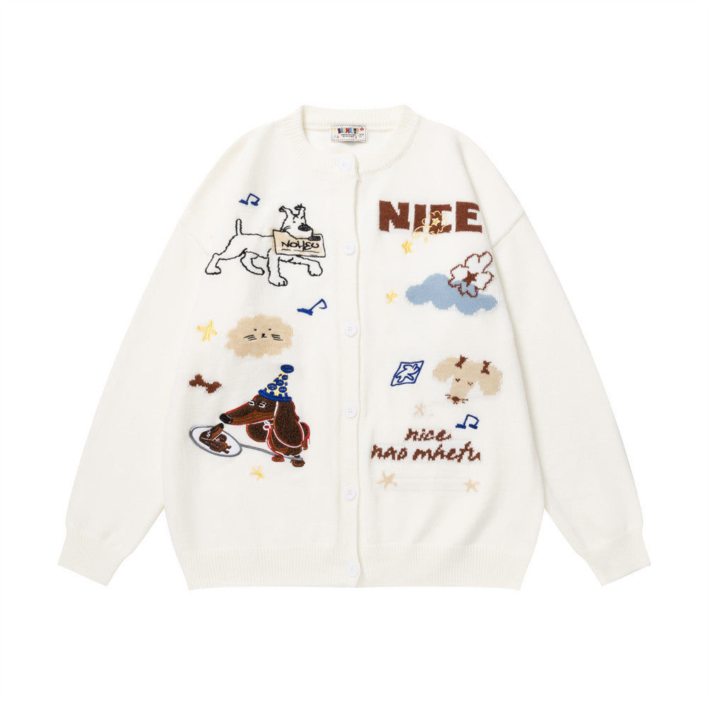 Cartoon jacquard collarless sweater jacket