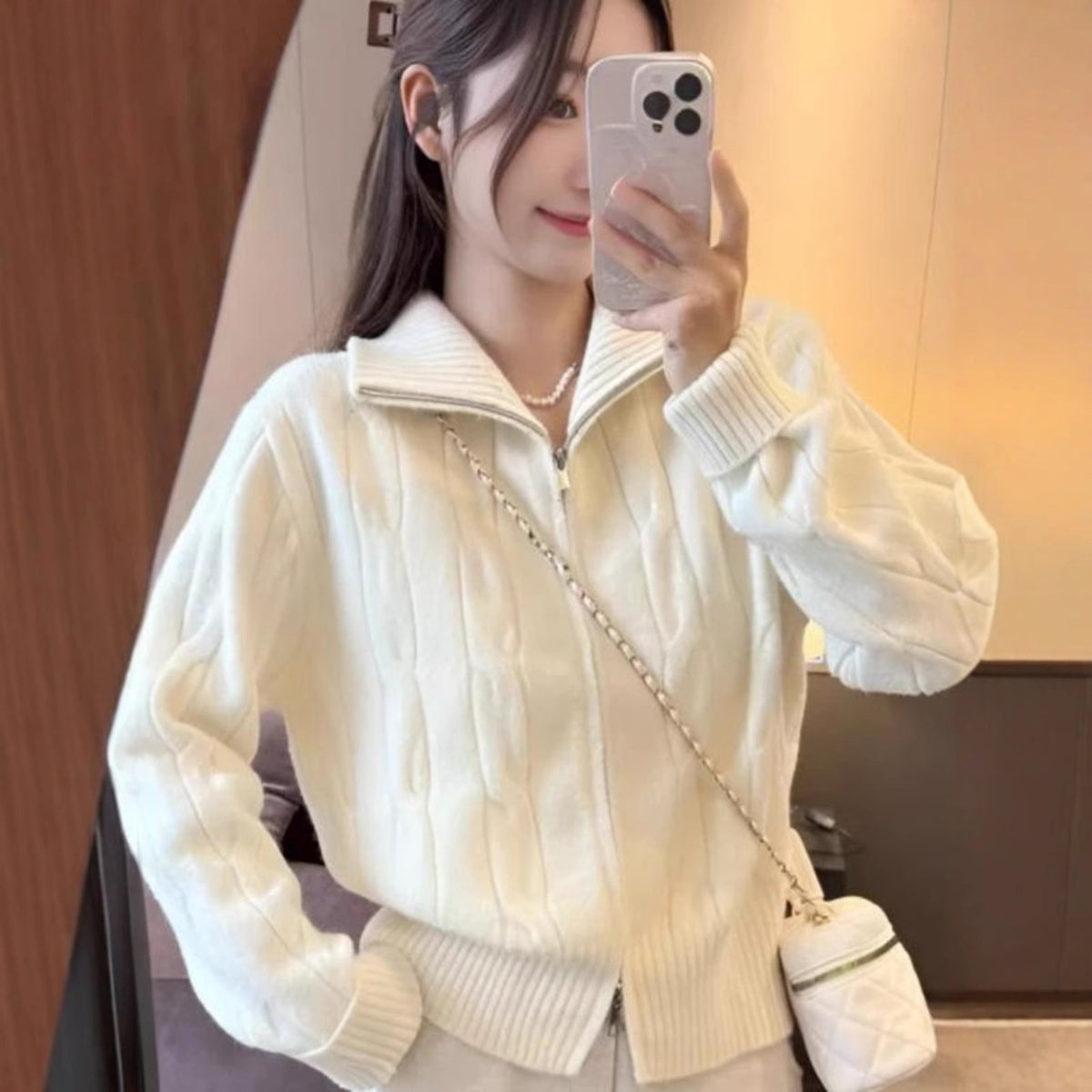 High neck double zipper sweater jacket for women