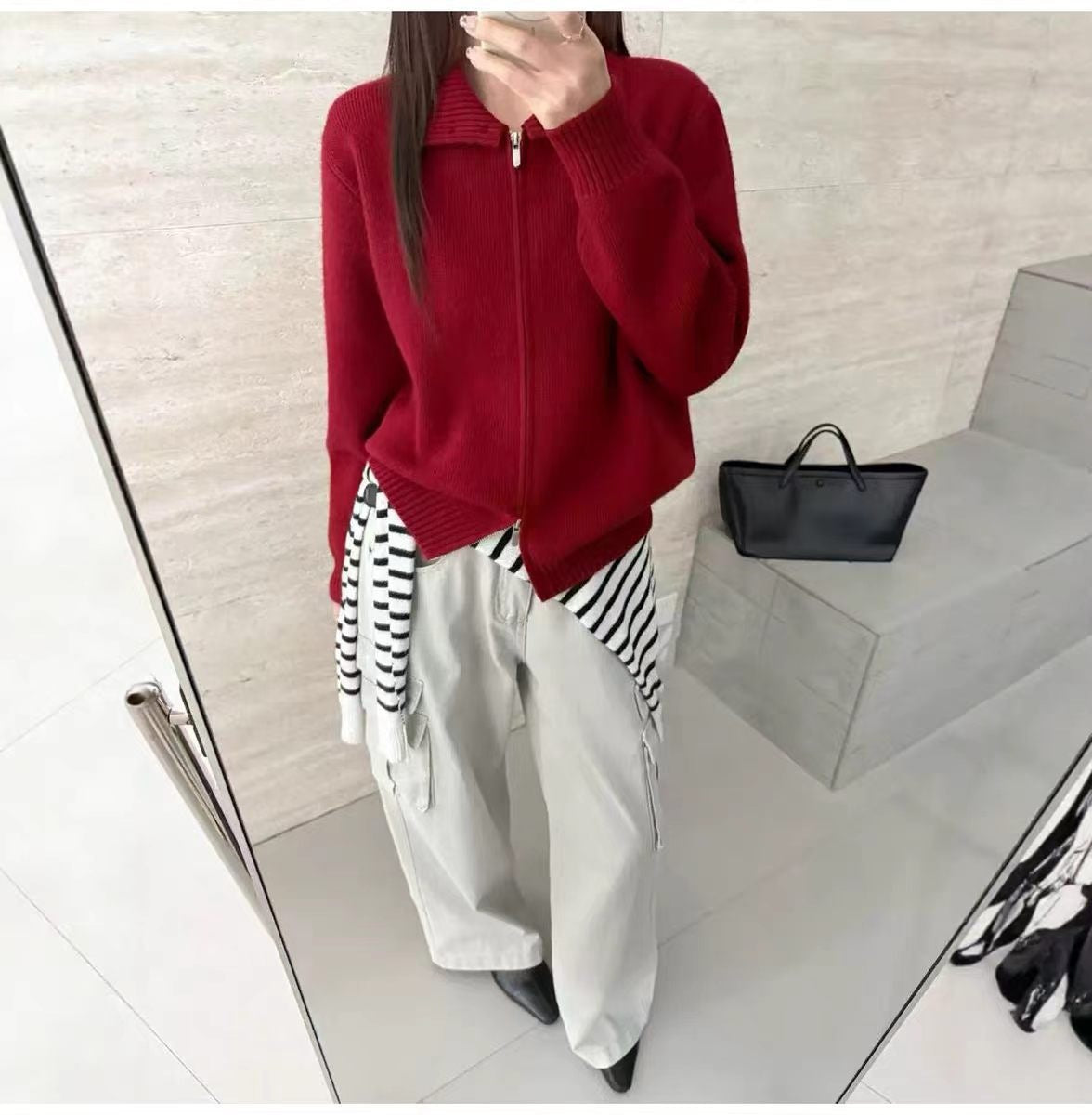 High neck pit striped sweater women's double zipper knitted cardigan
