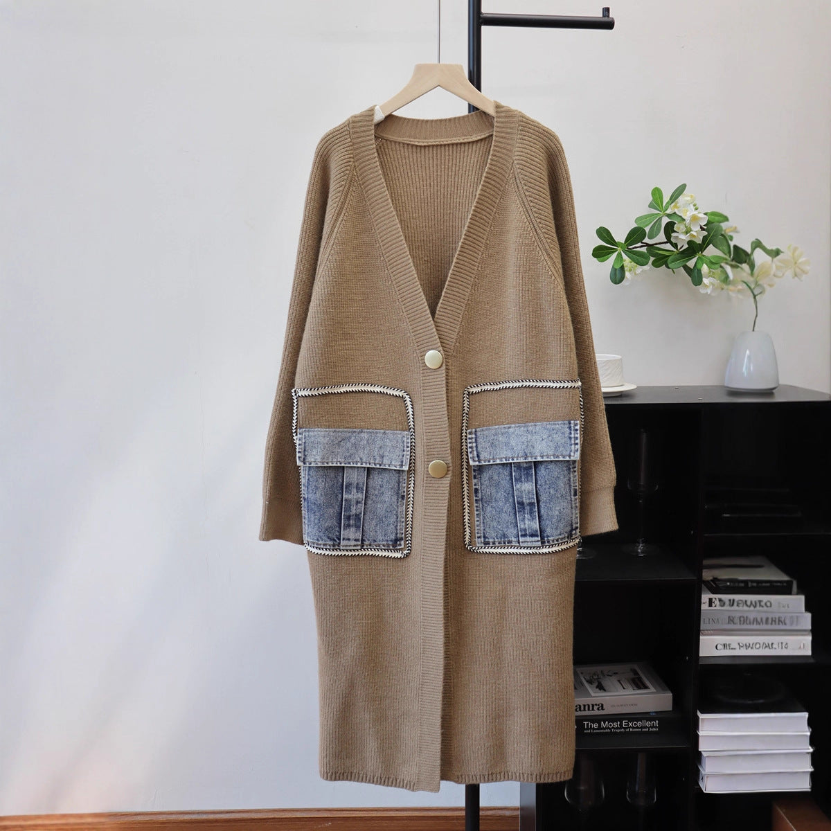 Long spliced denim pocket sweater