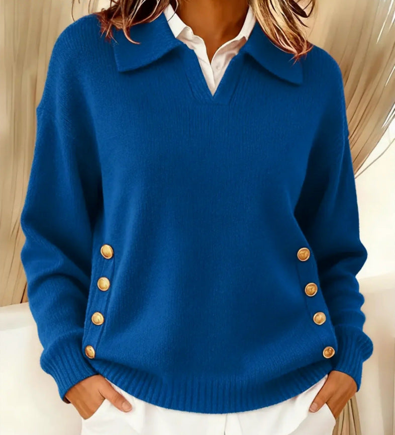 Casual lapel button lapel solid color knitted sweater for women