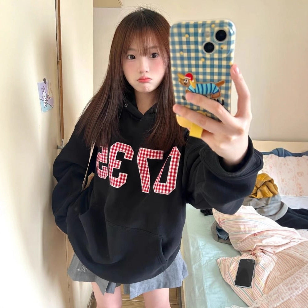 Hooded Sweatshirt for Women with Digital Check Pattern, Fleece-Lined, Casual Pullover Top
