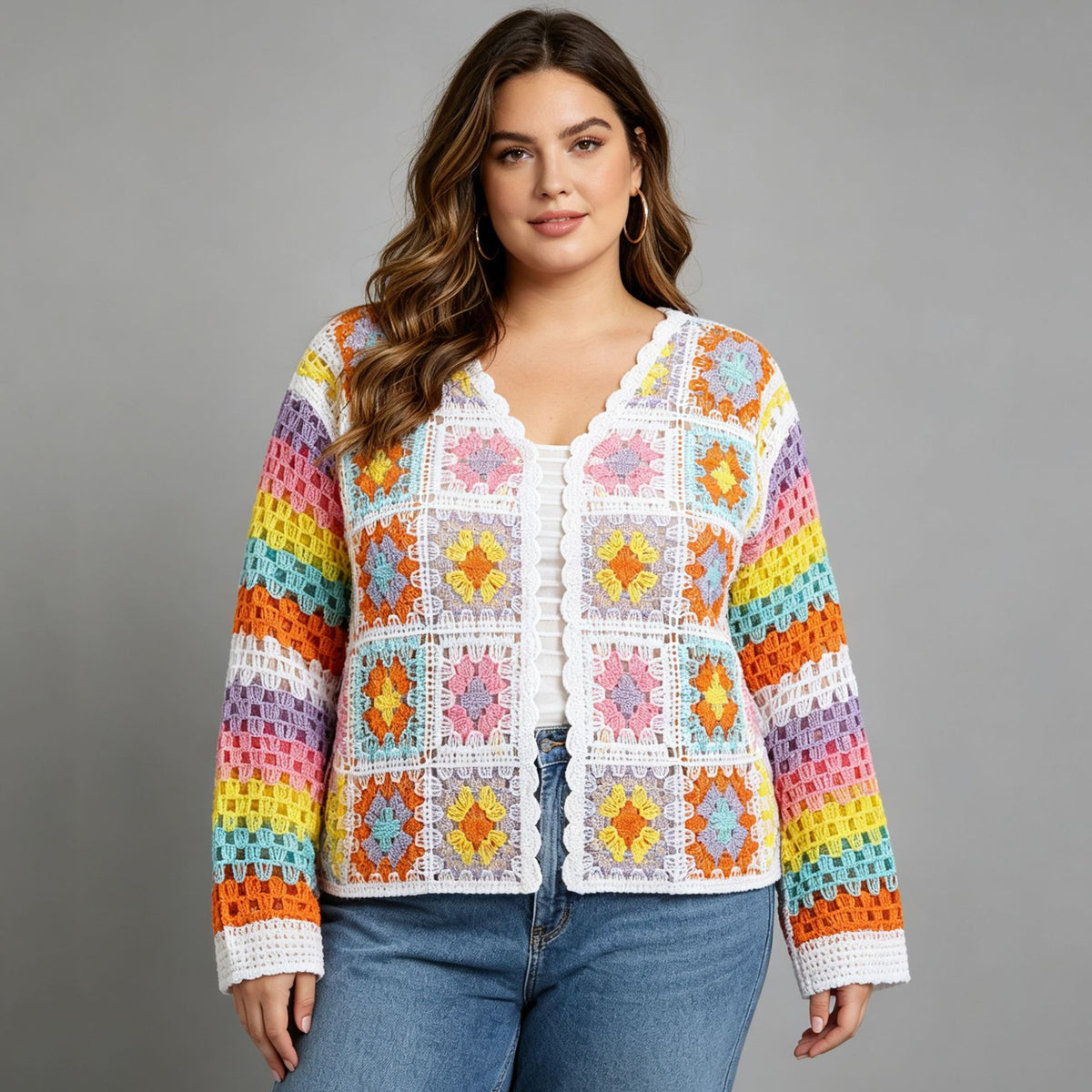 Rainbow cardigan V-neck hollowed out long sleeved top