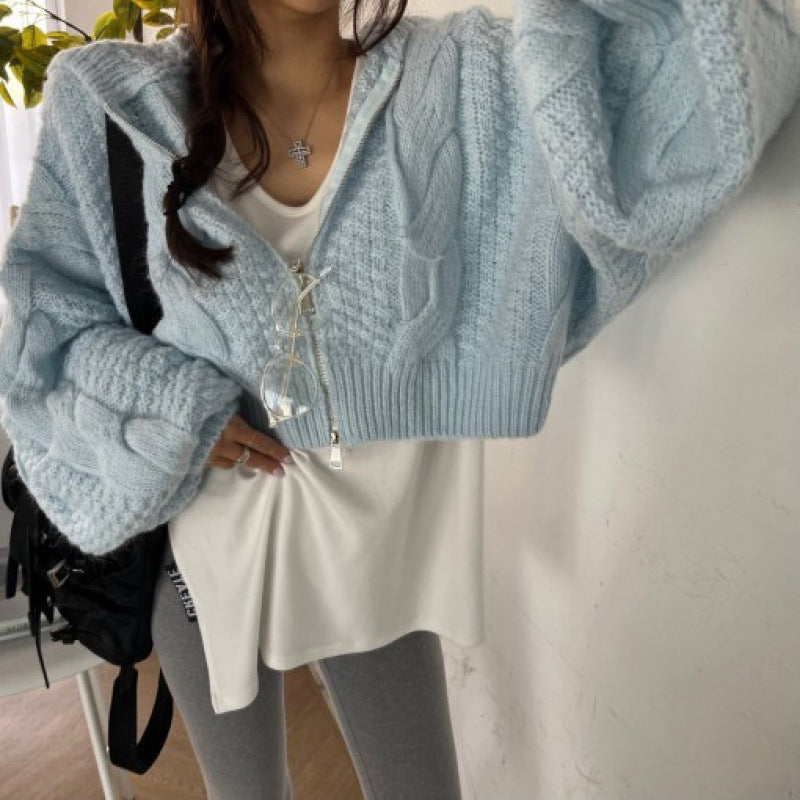 Hooded Zipper Short Knit Cardigan for Women, Loose Solid Color Batwing Sleeve Sweater Coat