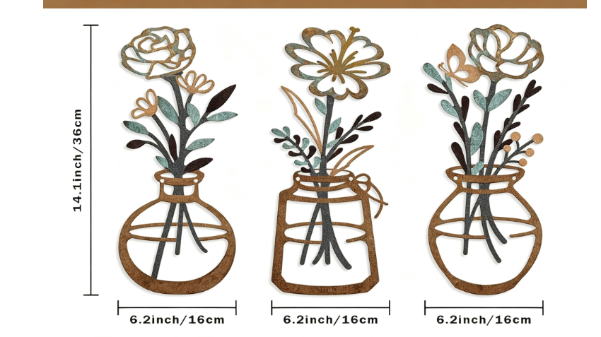 Three piece metal flower wall decoration flower black flower bottle minimalist art wall decoration living room bathroom home bed