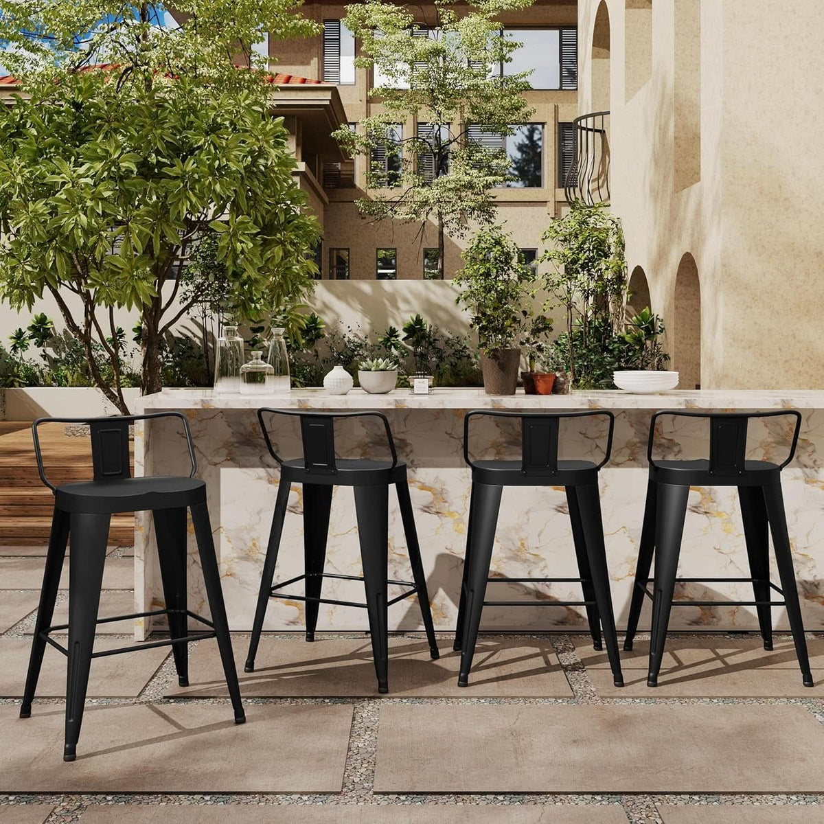 24 Inch Black Outdoor Metal Bar Stools Set of 4 Counter Height Large Ergonomic Seats