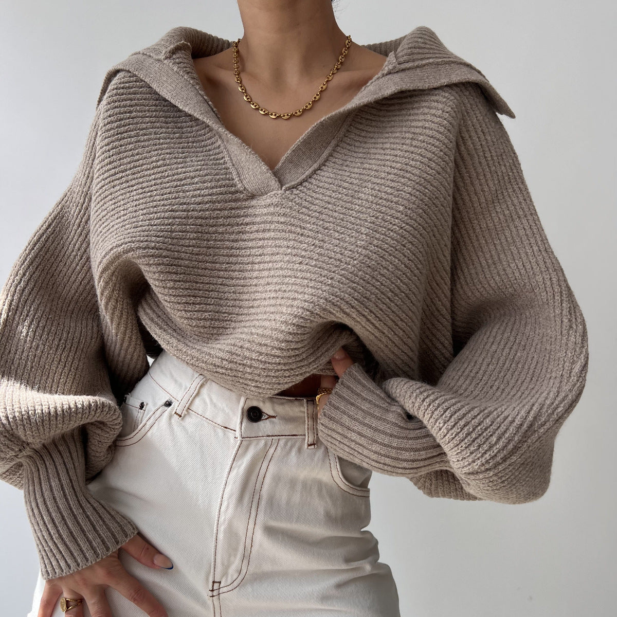 Chic Knit Sweater with Turn-Down Collar, Pullover Style, Women's Top