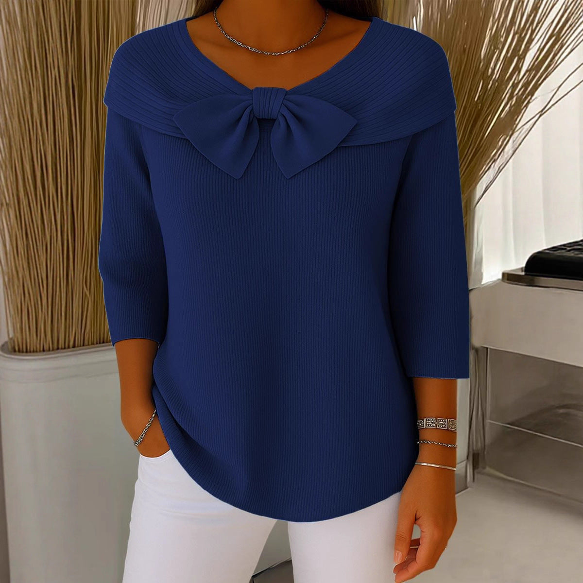 French long sleeved shirt with bow tie sweater for women