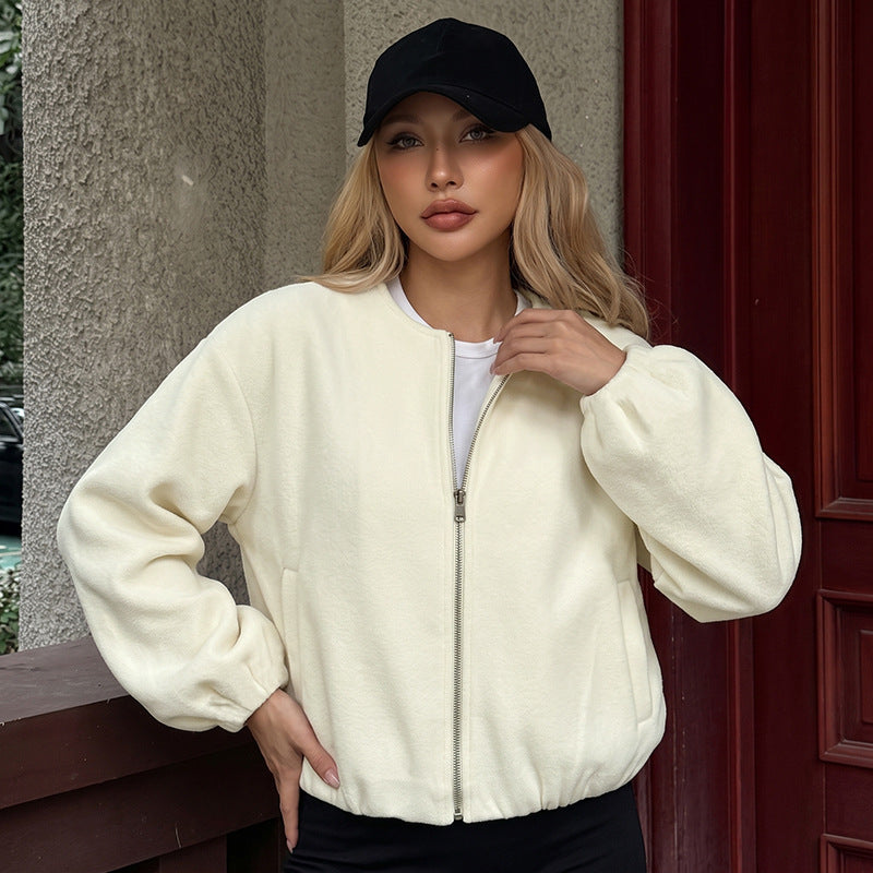 Solid color loose stand up collar zipper jacket