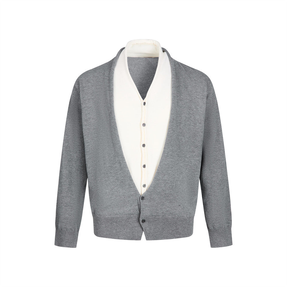 Fake two color blocked deep V-neck cardigans and sweaters