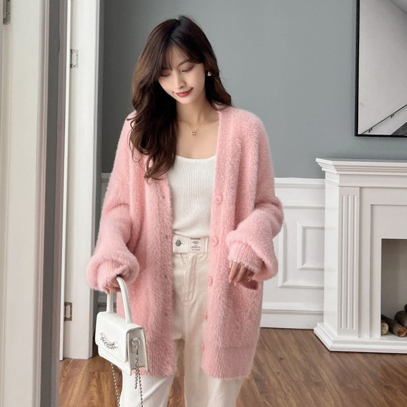 Knit Cardigan for Women, Loose Lantern Sleeve Sweater Top